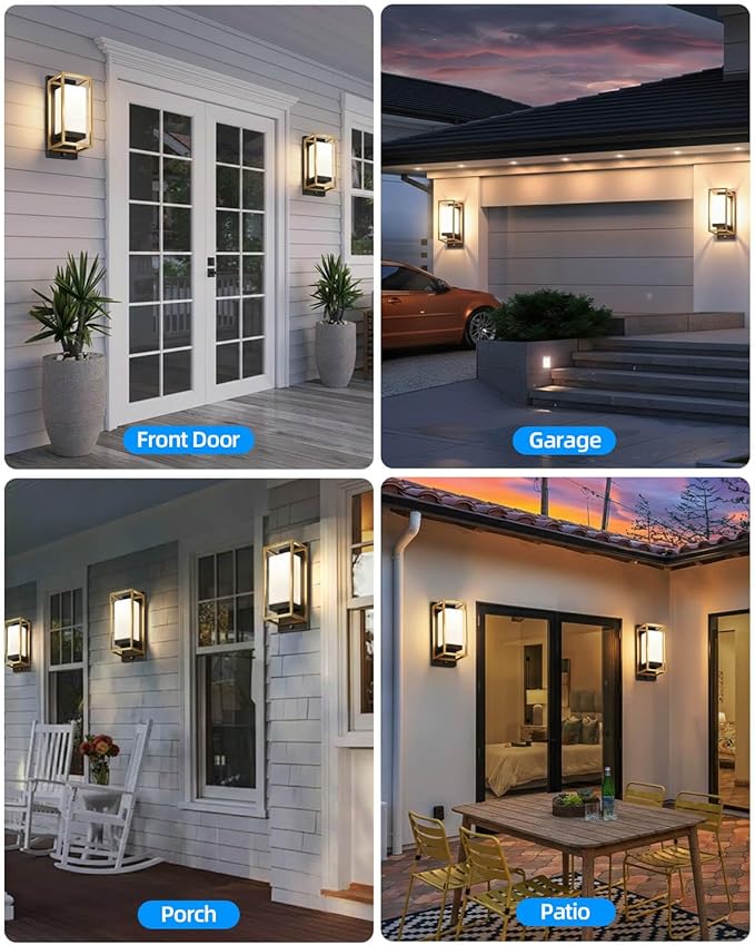 RAYVO Modern Outdoor Wall Light with Dusk to Dawn Sensor, Waterproof Exterior Lighting Fixtures with E26 Base, Bulb Included, Outdoor Sconce Lights for Porch Garage Entryway, Black Gold, 2 Pack