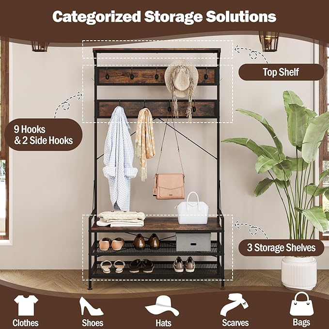 Giantex 4-in-1 Hall Tree with Bench and Shoe Storage, 72.5" Freestanding Coat Rack with Shoe Bench, 11 Hanging Hooks, Anti-Tipping Kits, Industrial Mudroom Storage Organizer for Entryway, Hallway
