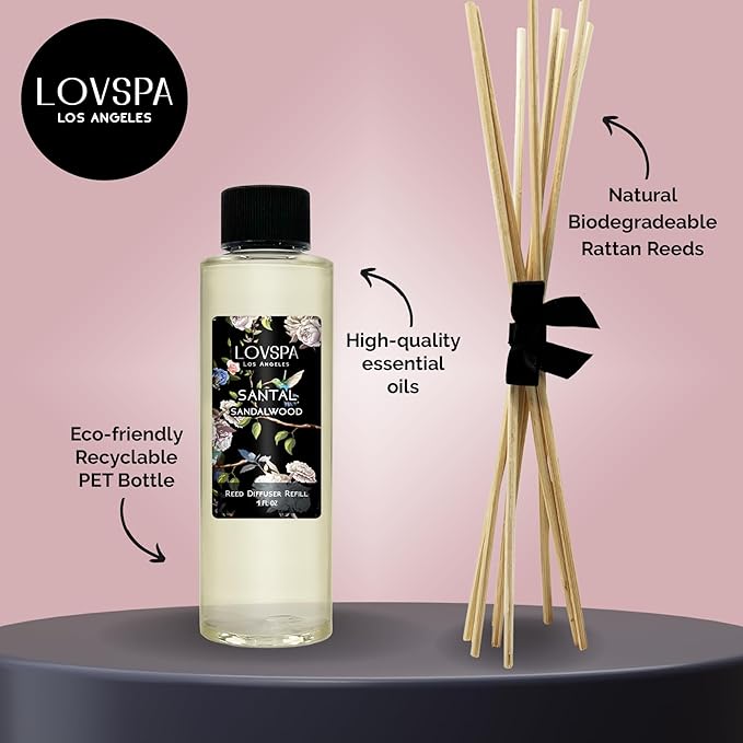 LOVSPA Santal (Sandalwood) Diffuser Oil - Luxury Essential Oils for Diffuser Refill & Air Freshener Room Spray - Long-Lasting & Natural Home Fragrance, Scented Oil for Diffusers, USA Made, 4oz