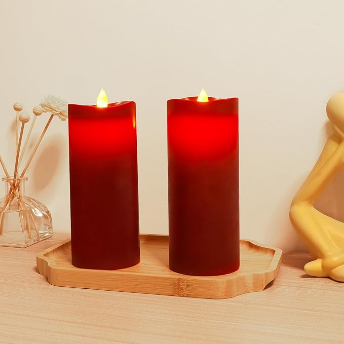 7” x 3” Flameless Candles, Flickering Moving Flame LED Candles, Battery Operated Candles with Remote and Timers, Burgundy, Set of 2