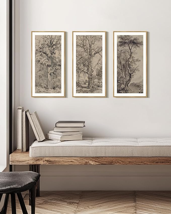 KUVIOKE Large 12x24in Vintage Sketch Trees Drawings Farmhouse Rustic Framed Wall Art for Living Room Bedroom Ready to Hang Natural Framed