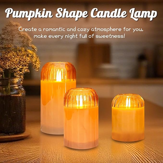 3Pcs LED Candle Set Rechargeable with Remote Control,Gold Glass Flameless Candles,Candle Lights for Home Decor, Bedroom, Bathroom Accessories，Pumpkin Fake Candles for Halloween