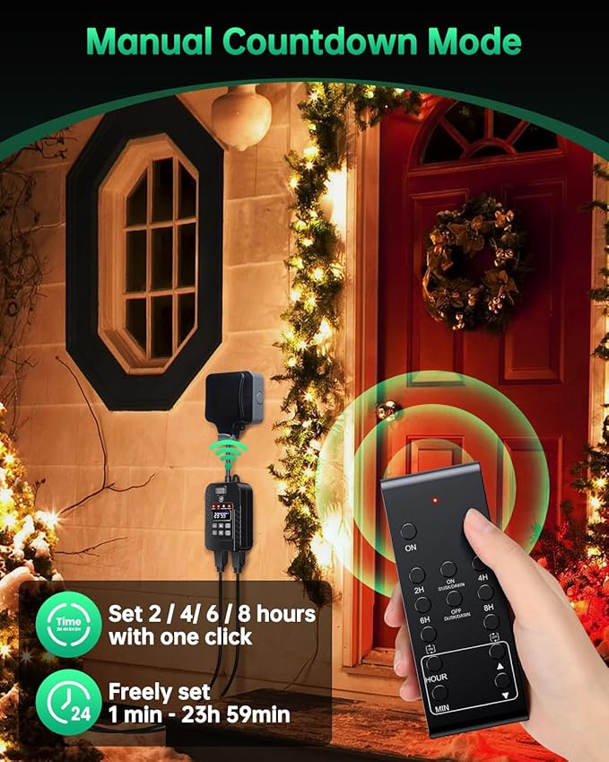 Outdoor Light Timer Waterproof, Remote Control Dusk to Dawn Sensor Timer, 100 FT Range, Plug in, 2 Outlets Digital Timer Switch for Home and Garden, 15A/1875W