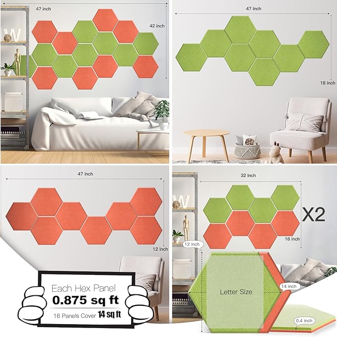 Mollywell Hexagon Acoustic Panels 14x12 - Reduce Echo & Reverb, Noise Blocking Wall Tiles for Playroom & Studio, Orange & Fruit Green Sound Absorbing Panels