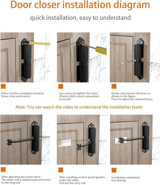 Automatic Door Closer, Zinc Alloy Safety Spring Door Closer 20-60kg Closing Door Hinge, Adjustable Door Spring Closer for Commercial & Home Use with Screws(Black)
