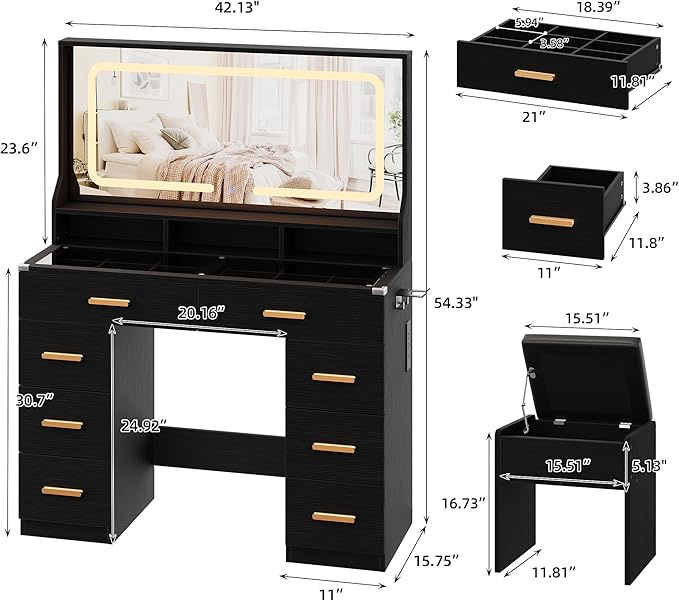 IDEALHOUSE Vanity Desk with Mirror and Lights, Makeup Table with Glass Top & 8 Drawers, 3-Color LED Mirror, Power Outlets & USB, Hair Dryer Holder, Stool Included, Dressing Table Set for Bedroom