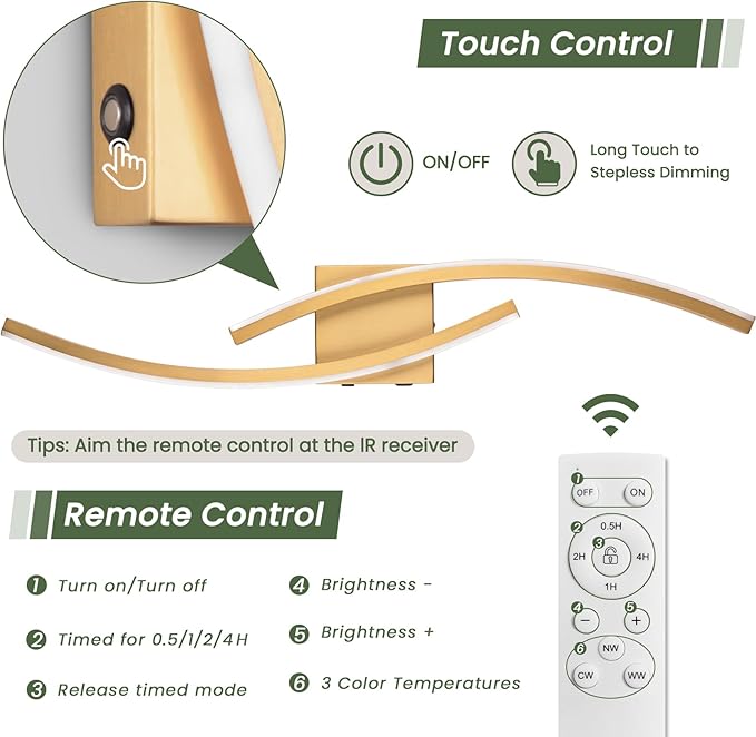 Battery Operated Wall Sconce,Gold Wall Sconces with Remote Control,3000K-6000K Modern LED Wireless Wall Light for Living Room, Hallway, Bedroom, 39.3 Inch