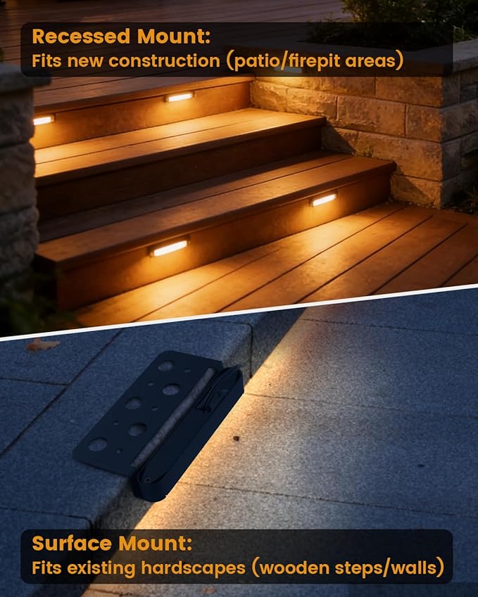 6-Pack Low Voltage LED Step Lights (5.51×3.11×0.93 in) - 3.3W Die-Cast Aluminum Stair Lighting with Patent Connector, Wet Location Safe Outdoor Steps