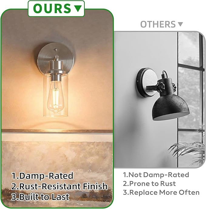 2-Pack Brushed Nickel Bathroom Wall Sconces, Modern Vanity Light Fixtures with Clear Glass Shade, 1-Light Wall Lamps Over Mirror for Bathroom, Bedroom, Hallway, Living Room