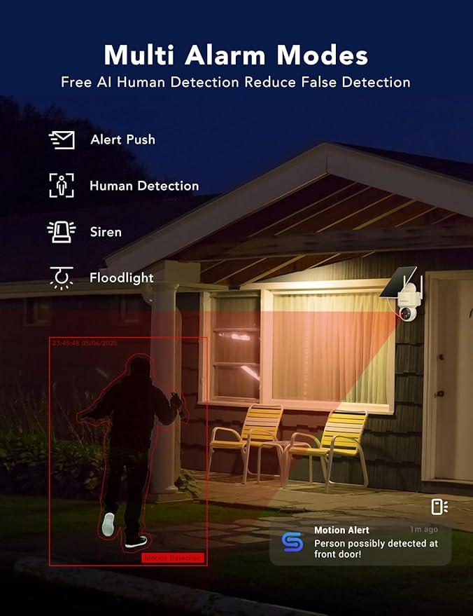 2K Solar Security Cameras Wireless Outdoor, 360°PTZ Battery Powered Cameras for Home Security, 2.4G WiFi Outdoor Camera with Color Night Vision, IP66 Waterproof, Motion Sensor Alarm, White，2Pack