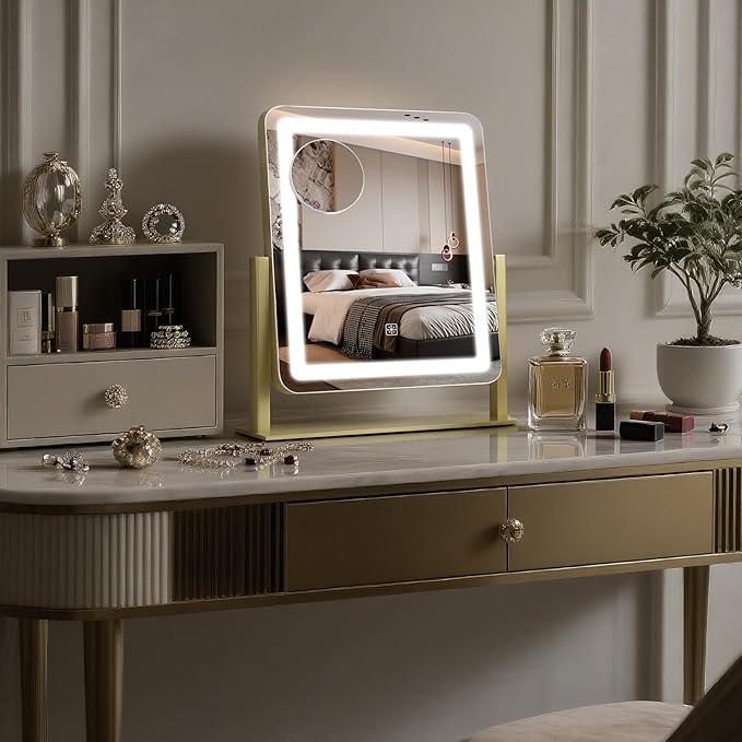 Rechargeable Vanity Mirror with Lights, 3000mAH Battery, 15"×12.2" LED Makeup Mirror, 10X Magnification, Smart Touch with 3-Color Lighting, 360° Rotation, Lighted Up for Makeup Desk, Bedroom (Gold)