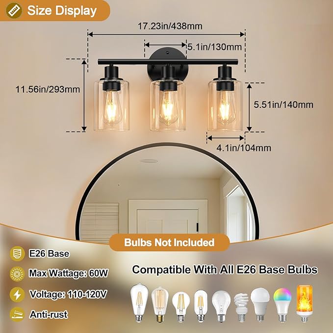 3-Light Bathroom Light Fixtures, Black Modern Vanity Lights with Amber Glass Shades, Bathroom Wall Lamp for Mirror Kitchen Living Room Hallway Cabinet Porch