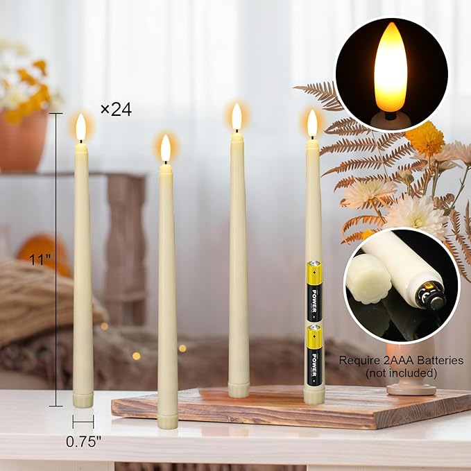 Wondise 24 Pack Flameless Taper Candles, No Remote, Realistic Flickering Battery Operated Candlesticks, Ivory LED Plastic Candles Safe for Weddings, Table Decor, Christmas and Halloween Decoration