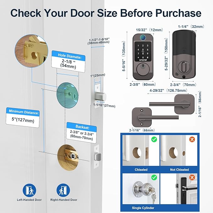 SMONET WiFi Keyless Door Lock with Handle Set – Fingerprint Smart Lock, Bluetooth Keypad Deadbolt, Remote Control via App & Alexa, Auto Lock, Code & Fob for Home Security, Gray