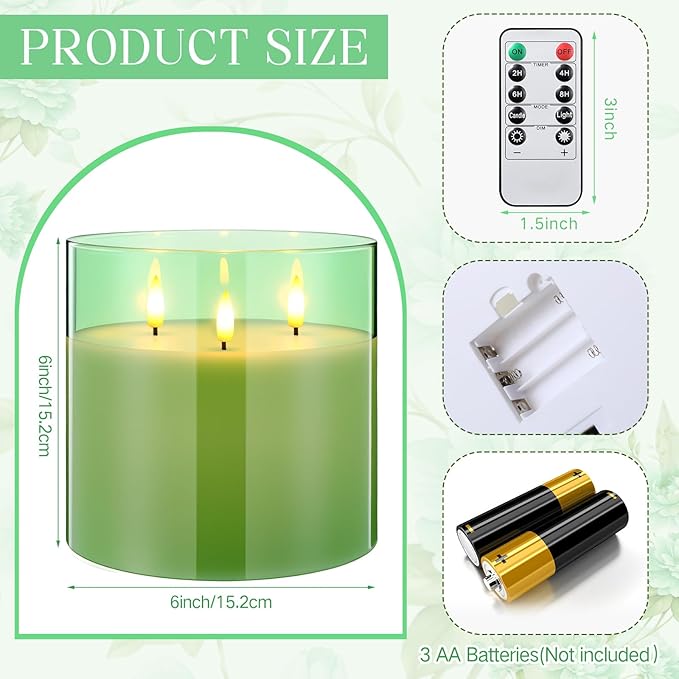 Retisee 6'' x 6'' Extra Large Flameless Candles, 3 Wick Glass Large Candles with Remote Control and Timer Function, Real Wax LED Pillar Flickering for St. Patrick's Spring Party Decor(Green,1 Pcs)