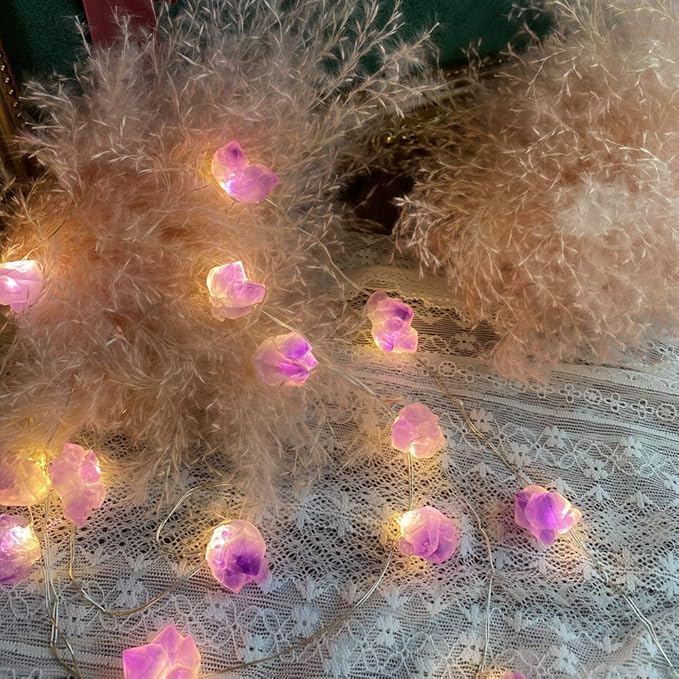 Genuine Amethyst Crystal Decorative Lights Cute Fairy String Lights 10ft 30 Natural Stones with Remote for Bedroom Hanging Ornaments Reiki Party Night Light Wedding Room Décor Mother's Day Gift