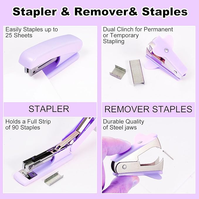 Purple Desk Organizers and Accessories Set with 360-Degree Rotating Pen Holder, Tape Dispenser, Stapler, Staple Remover, 1000 Staples, Tape, Clips Set, Ruler, Scissor, Pen
