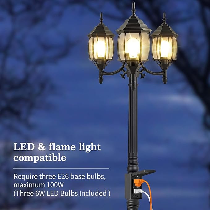 Dusk to Dawn Outdoor Lamp Post Light with GFCI Outlet, 3-Head Classic Black Light Pole with Glass Panels (3 LED Bulbs Included), Aluminum Waterproof Outside Street Light for Backyard Garden Driveway