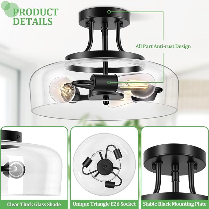 Modern Industrial Semi Flush Mount Ceiling Light with Clear Glass Shade, 3-Bulb Black Ceiling Light Fixture for Kitchen Bedroom Living Room Porch Hallway Entryway, E26 Socket, Bulbs Not Included