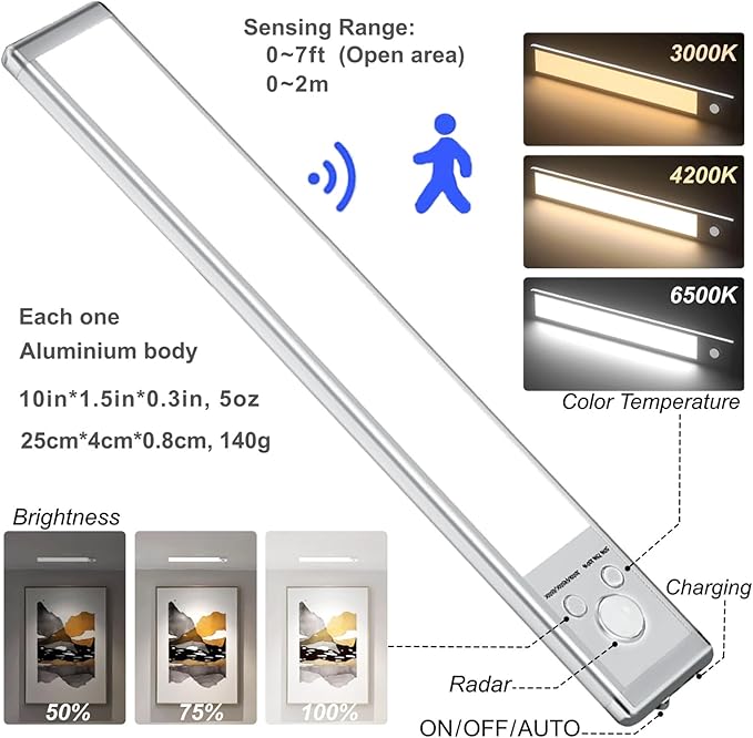 4 Pack Under Cabinet Lighting, Rechargeable Motion Sensor Light Indoor