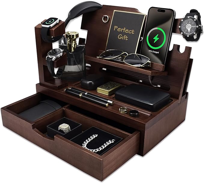 Nightstand Organizer for Men with Large Drawer, Wood Phone Docking Station for Phone, Apple Watch, Wallet & Keys, Ideal Birthday Gift for Father Husband, Bedside Desk Organizer (Espresso)