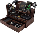 Nightstand Organizer for Men with Large Drawer, Wood Phone Docking Station for Phone, Apple Watch, Wallet & Keys, Ideal Birthday Gift for Father Husband, Bedside Desk Organizer (Espresso)