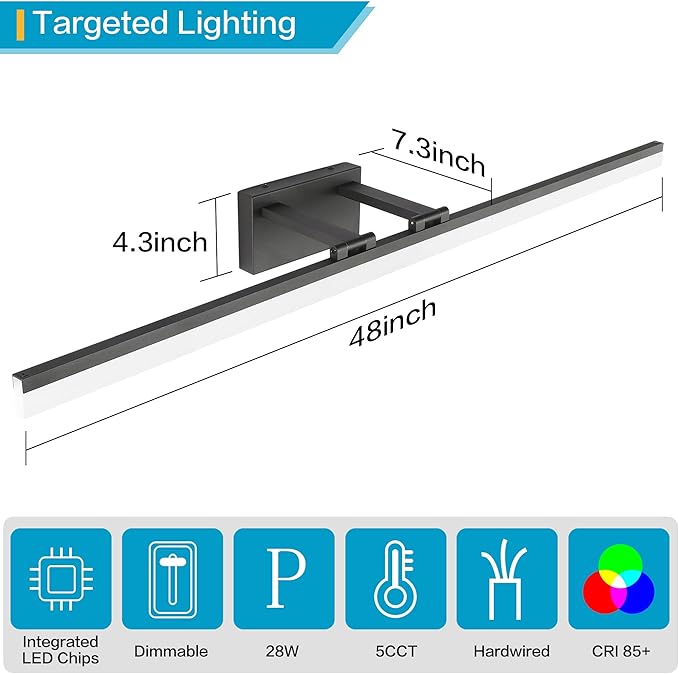 SOLFART 5 Color Temperature Dimmable 47.2 Inch Bathroom Light Fixtures Over Mirror Matt Black Vanity Lights for MirrorBathroom Bathroom Led Lights Light Bar 5CCT