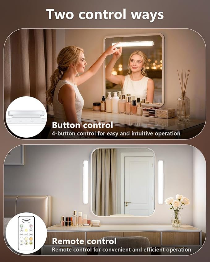 WILLED 3W Rechargeable Vanity Lights for Mirror with Remote Control，Eye-Friendly Mirror Lights Stick on,Adjustable Color Temperatures Makeup Light with Battery Display for Bedroom, Bathroom(2 Pack)