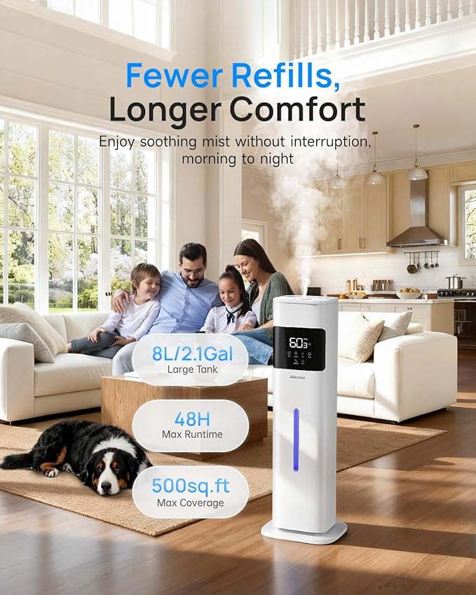 Warm & Cool Mist Humidifiers for Bedroom 500 sq ft, 2.1Gal/8L Top-Fill Humidifier Large Room with Essential Oil Diffuser, Large Room Humidifiers for Home Baby Nursery Office Plants, White
