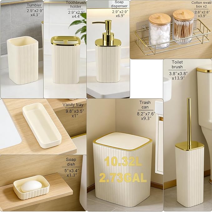 Bathroom Accessories Set-9PC Set, Complete Bathroom Decor & Home Decor, Bathroom Set with Toilet Brush, Trash Can, Soap Dispenser,Modern Home Bath (Beige&Gold, Bath Set)