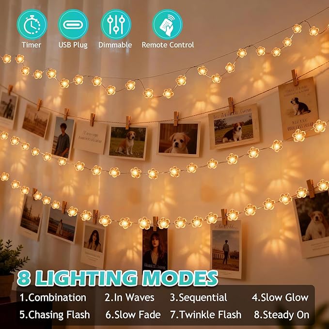 Vigdur Cherry Blossom Lights, 13 FT 40 LEDs Multicolor Flower String Lights Battery Operated with Remote&Timer, 20 Lighting Modes Pink Flower String Lights for Bedroom Party Wedding Décor