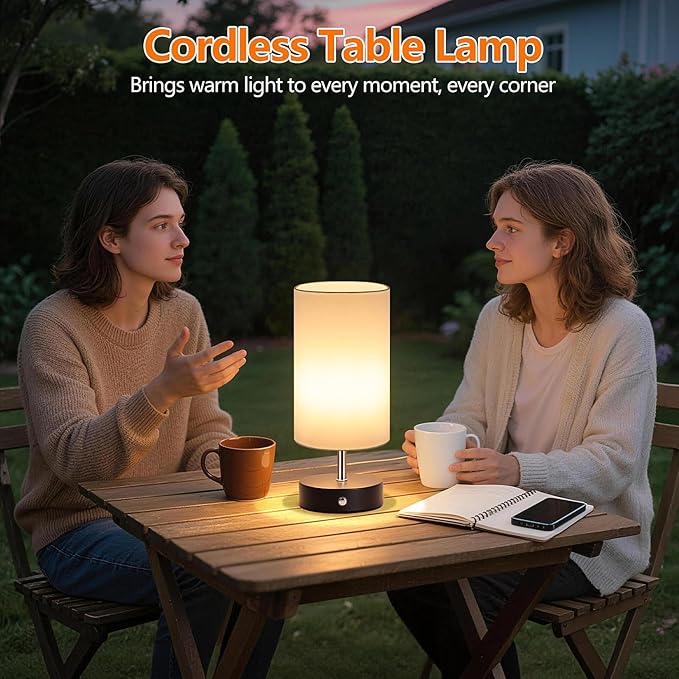 2-Pack Cordless Table Lamps, Black Rechargeable Bedside Lamps Dimmable, Portable 6000mAh Battery Operated LED Desk Lamps, Modern Touch Control Wireless Lamps, Small Lamps for Bedroom, White Shade