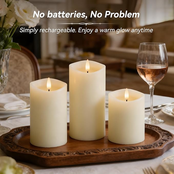 Rechargeable Flickering Flameless Candles Melted Edge Battery Operated with Remote and Timer, Real Wax LED USB Type-C Pillar Candles, Set of 3 (3" x 4",5",6"), Ivory,Spring Home Decor