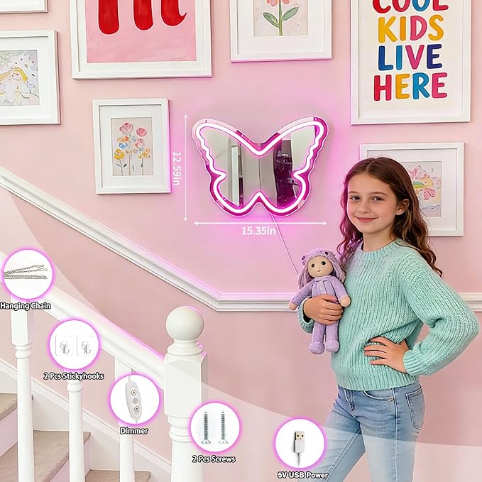 Butterfly Neon Sign with Mirror Backing - Dimmable LED Mirror Wall Decor for Girl's Bedroom, 16x12 Inch Glowing Pink Butterfly Vanity Mirror with Lights, USB Powered Kids Room Gift