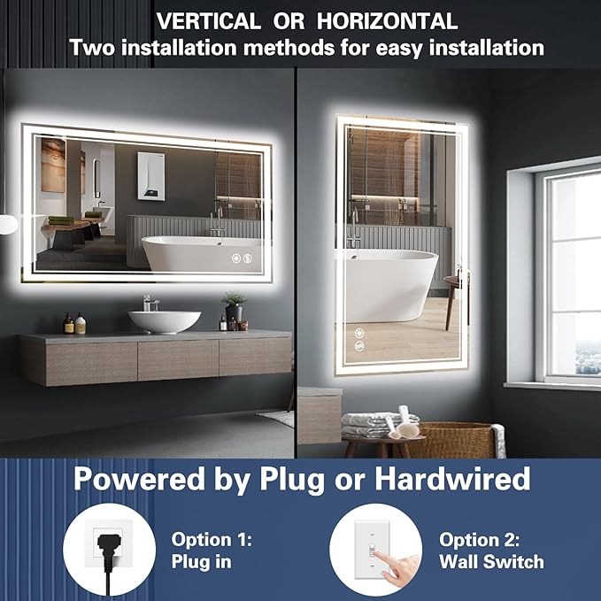 40“ x 32” Bathroom Mirror with Lights LED Mirror for Bathroom Anti-Fog Dimmable 3 Colors Memory Function Vanity Smart Mirror Home Decor Wall Mounted Horizontal/Vertical