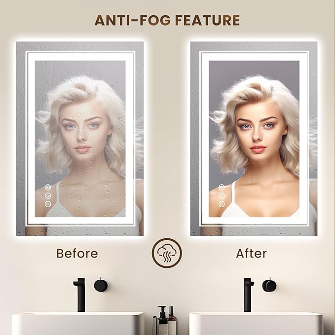 WTTY RGB LED Bathroom Mirror 24"x36" with Backlit and 3 Front Light,Stepless Dimmable LED Mirror for Bathroom,Lighted Bathroom Vanity Mirror for Wall,Anti-Fog,Memory Function,Shatter-Proof