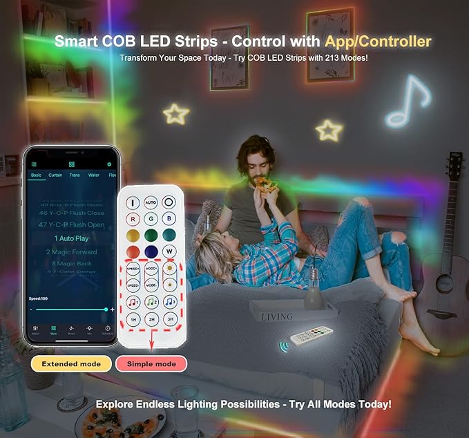 RGBW COB LED Strip Light Kit,16.5ft Color Changing Multicolor Neutral White, Cuttable Adhesive Lights Strip ETL Listed for Bedroom Party Decoration with Remote & APP Control (AC/DC Adapter Included)