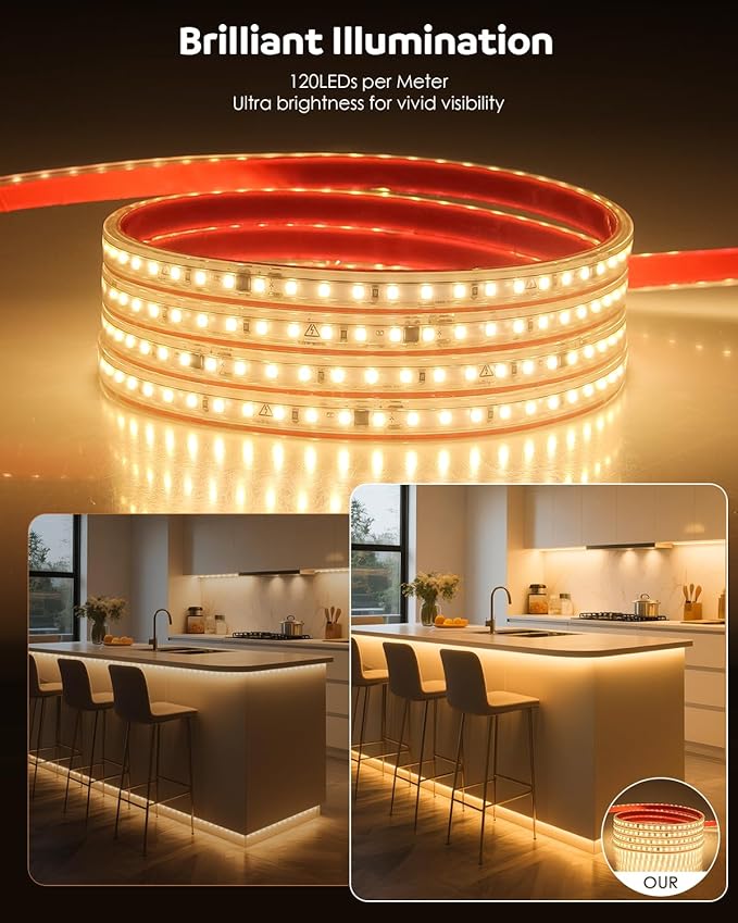 Aclorol Led Strip Lights Outdoor Waterproof 16.4FT Warm White 3000K AC 110V-130V Connectable LED Rope Light Strip Plug in for Bedroom Outside Garden Patio Indoor Outdoor Backyards Decor 120LEDs/M 5M
