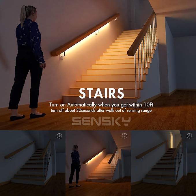Sensky Motion Sensor LED Strip Lights Rechargeable Motion Activated Light Strip Dimmable Cabinet Strip Lighting for Wardrobe, Gun Safe, Cabinet, Pantry, Closet (1M Black, Warm White)