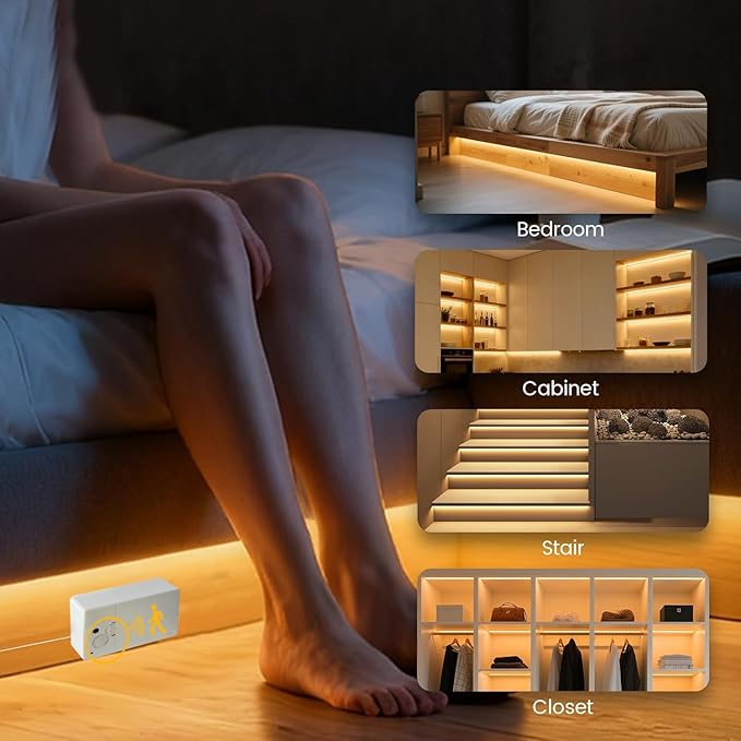 EJ's SUPER CAR Battery Operated Motion Sensor Cabinet Strip Lights, 3 Pack 4.92FT 3000K Counter Closet Strip Light, Motion & Night Sensor Safe Tape Light for Stairs Wardrobe Kitchen (Warm White)