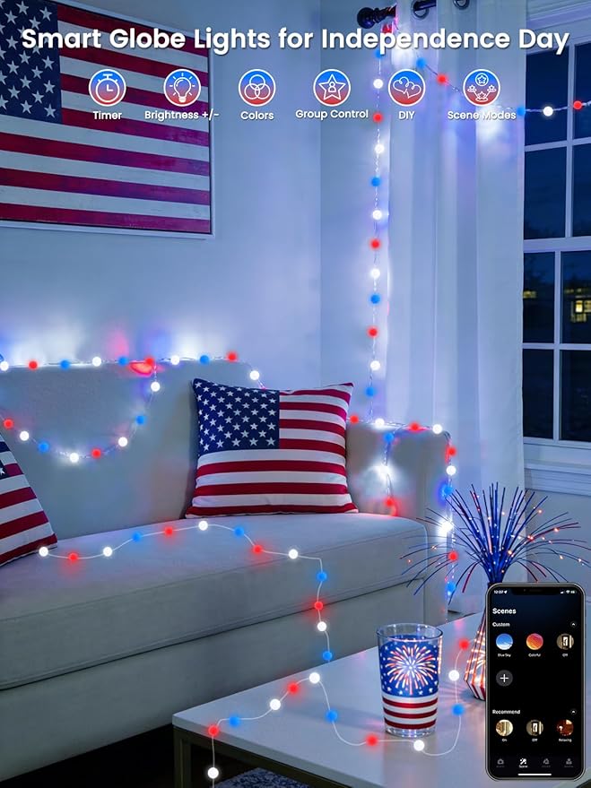 Smart Color Changing Red White and Blue Lights Outdoor Indoor, 33FT 66LED App Control Globe Patriotic String Light with Remote, Fairy Light for 4th of July Decorations Independence Day Memorial Day