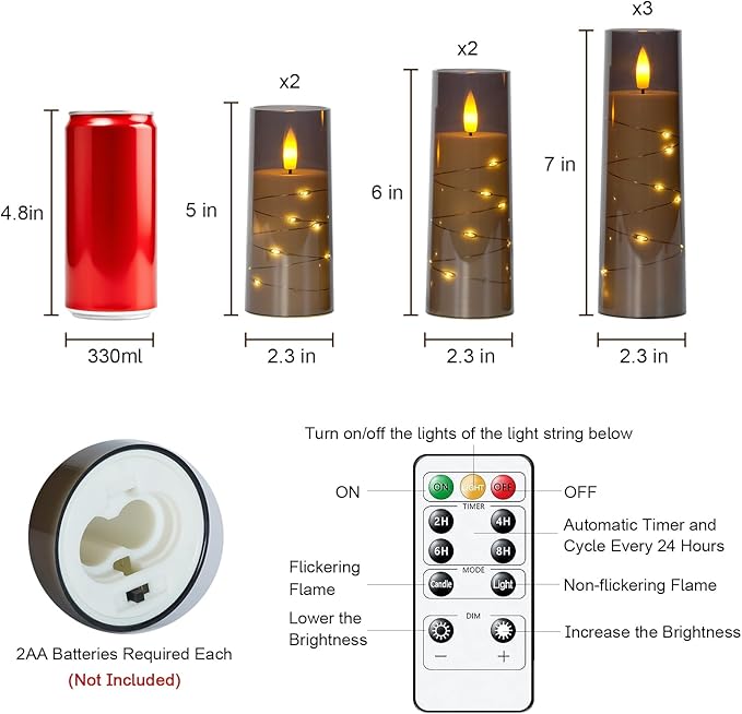 Raycare Flameless Candle with Remote Timer, 7 Flickering Acrylic Battery Operated LED Pillar Candles with Embedded Star String for Christmas, Home Decor, and as a Gift(Grey)