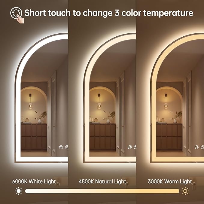 Arched LED Mirror for Bathroom 24"x30"- Frameless Lighted Bathroom Mirror with Lights, Fogless, Dimmable, 3 Color Changing, Shatterproof, Touch Sensor