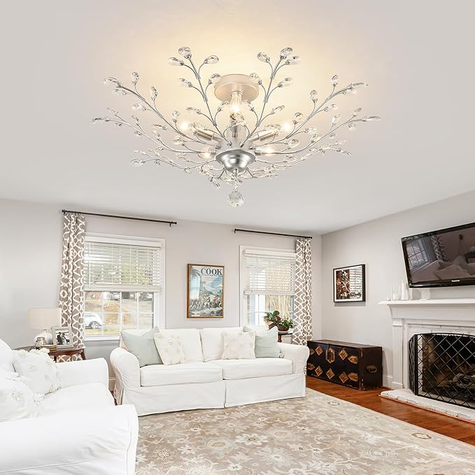 CVKASH 5-Light Vintage Small Crystal Chandelier Modern Silver Branche Ceiling Light Fixture Farmhouse for Kitchen Dining Room Living Room Bedroom Hallway Foyer