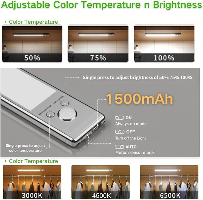 Motion Sensor Under Cabinet Lighting-Magnetic Rechargeable Closet Lights for Kitchen,Stairs,Wardrobe | 3-Color Dimmable LED Under Counter Lighting | Cord-Free Light Bars (9.5inch-2Pack)