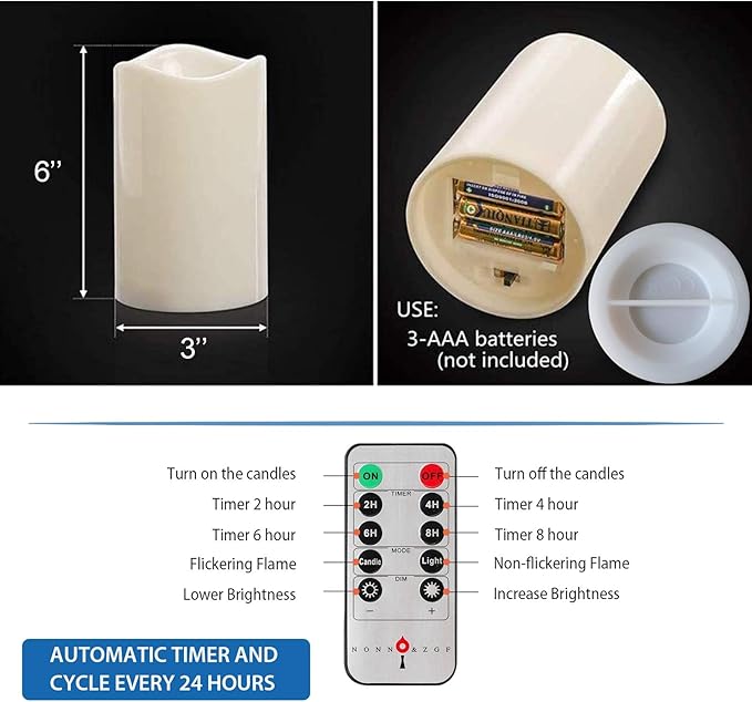 NONNO&ZGF 3X 6'' Outdoor Waterproof Flameless Candles, 3 Pack, Warm White LED Resin Rainproof Pillar Battery Plastic Candle with Remote Control/Timer.