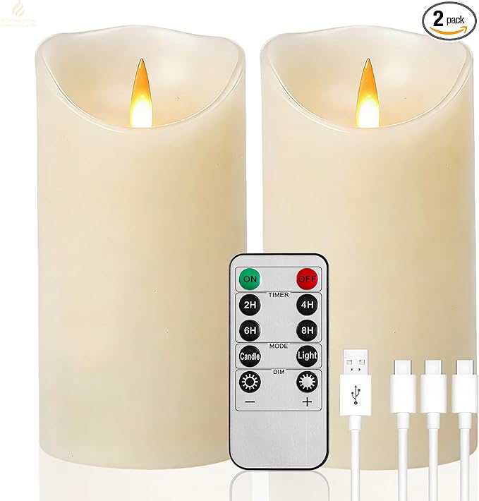 Rechargeable LED Flameless Pillar Candles, Ivory Real Wax Flickering Candles with Remote & 2/4/6/8H Timer, USB Rechargeable LED Candles for Home & Outdoor Decor (Set of 2)