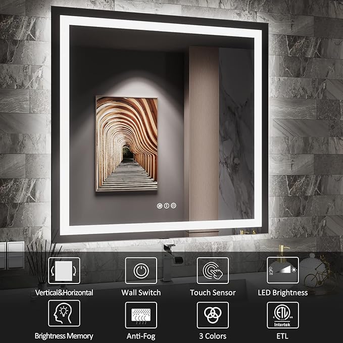 Amorho LED Bathroom Mirror, 38'' X38'' Mirror with Front and Backlit, Stepless Dimmable Wall Mirrors with Anti-Fog, Shatter-Proof, Memory, 3 Colors, Double LED Vanity Mirror