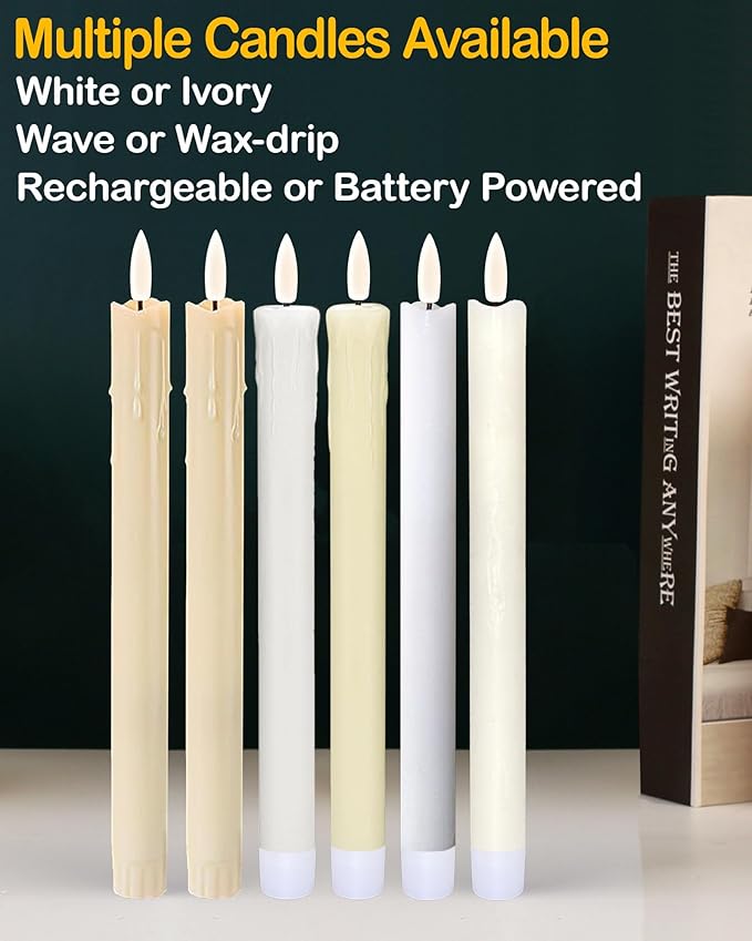9.6" Flickering Flameless Taper Candles with Remote Timer, White LED CandleSticks, Box of 6 Long Battery Operated Candles for Window, Table, and Mantel Decor