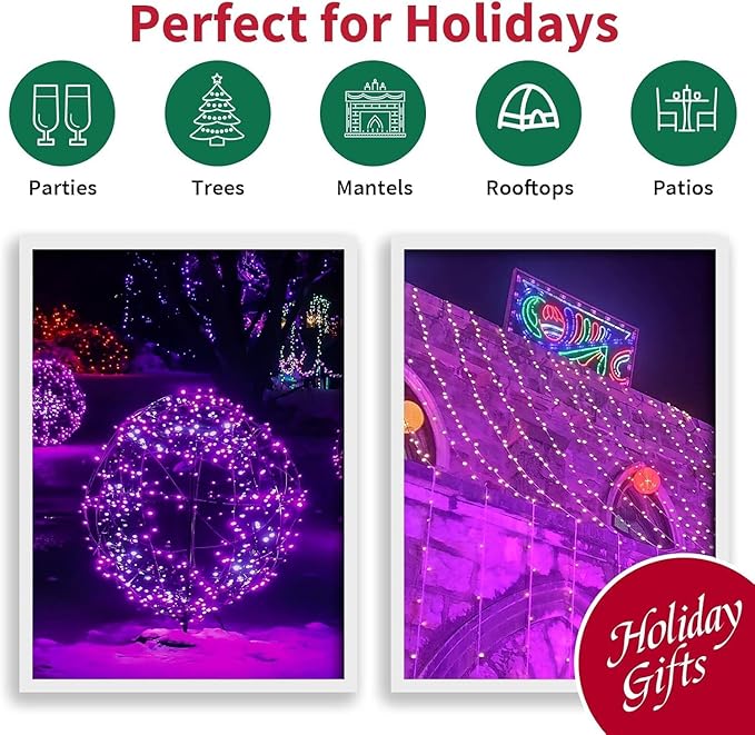 LAMPHOME 66FT 200LED Purple Christmas Lights Indoor Outdoor Clear Wire, Purple Lights for Christmas Tree, 16 Modes Deep-Violet String Lights Plug in for halloween Bedroom Garden Party Xmas Decorations